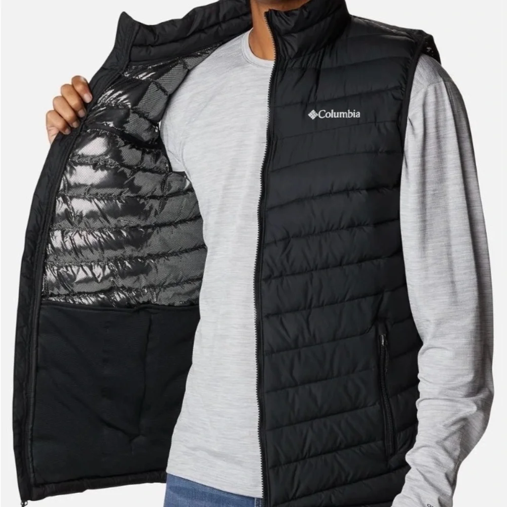 NWT Columbia Men's XXL Black Powder Lite Puffer Vest Omni-Heat Reflective